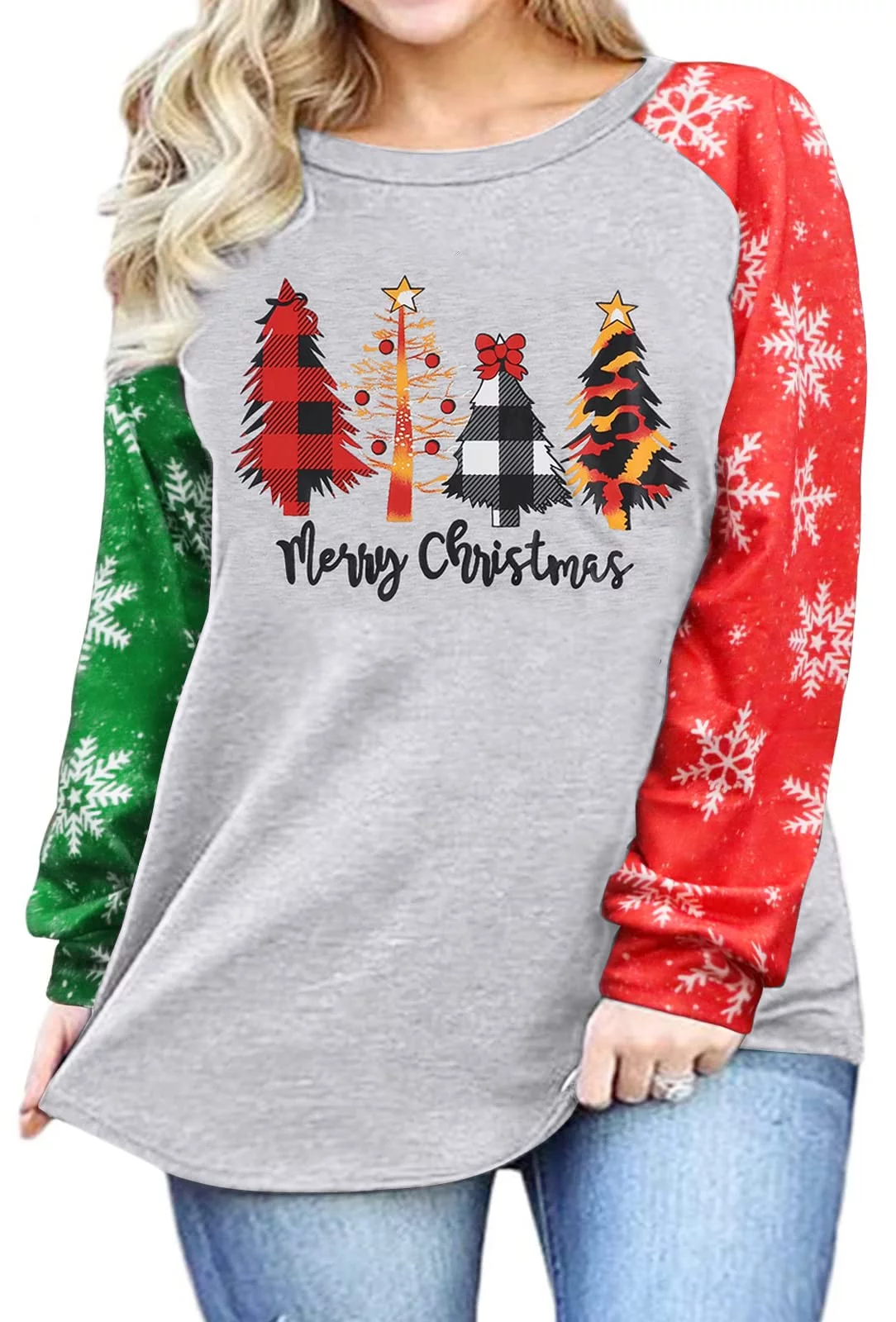 KimSoong Christmas Plus Size Shirts Women Merry Christmas Tree Sweatshirt Merry Christmas Plaid Leopard Tree Baseball T-Shirt