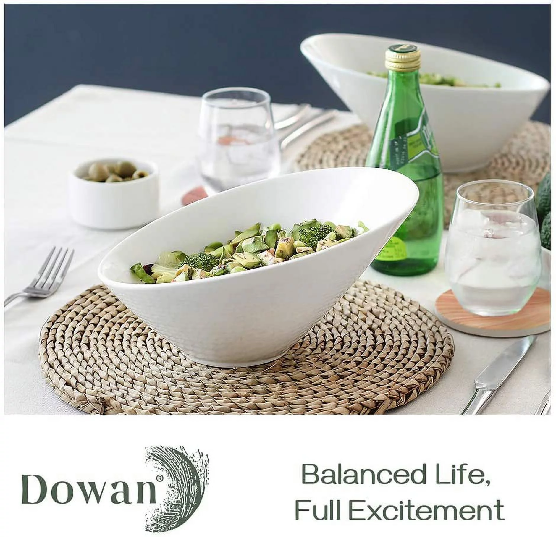 DOWAN Large Salad Bowls Set of 2,Ceramic Serving Bowls,26OZ Pasta Bowls Sets,Elegant White Angled Decorative Bowls for Kitchen