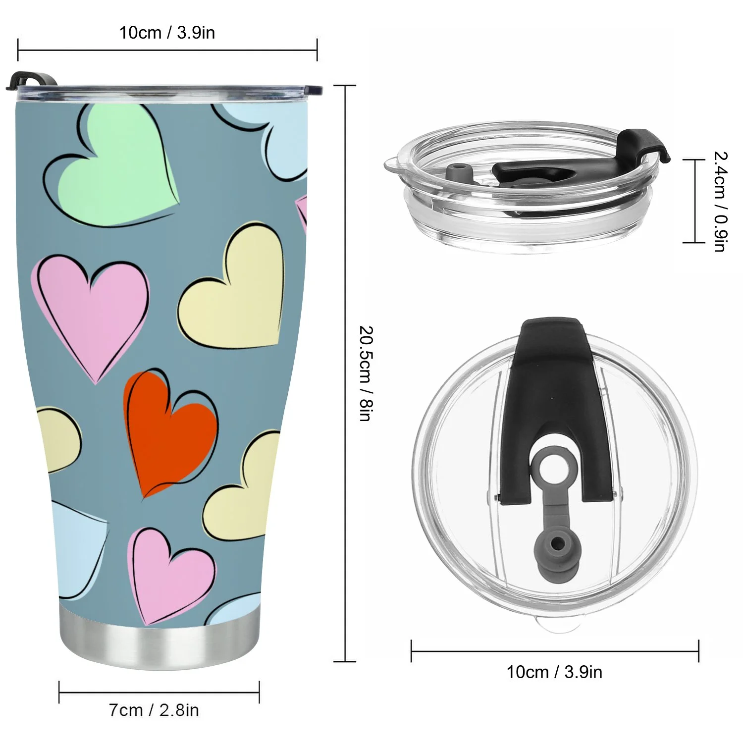 Hidove Stainless Steel Tumbler, Hearts of Different Colors 30oz Leak Proof & Stainless Steel Bottle for Hot & Cold Drinks - Coffee Travel Mug, Water Metal Canteen, Thermal Cup