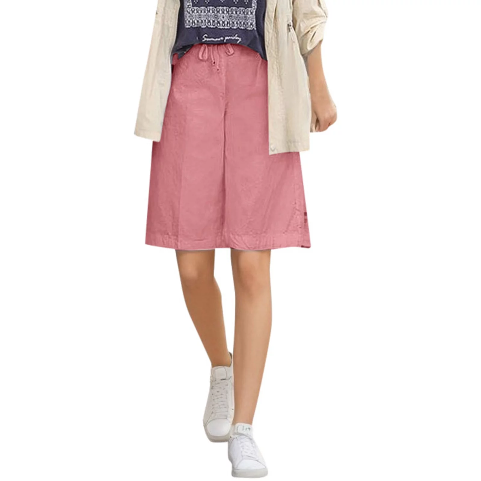 Womens Cotton Linen Pants Summer Sweatpant Women Solid Color Casual Fashion High Waist Drawstring Elastic Waist Straight Fitting Shorts