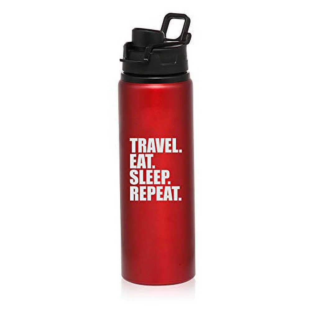 MIP Brand 25 oz Aluminum Sports Water Travel Bottle Travel Eat Sleep Repeat (Red)