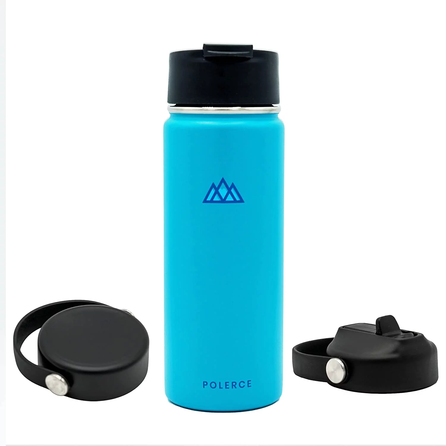 Vacuum Insulated Bottle with 3 Lids - Stainless Steel Thermally Insulated Flask - by Polerce (18 Oz, Aqua (Blue))