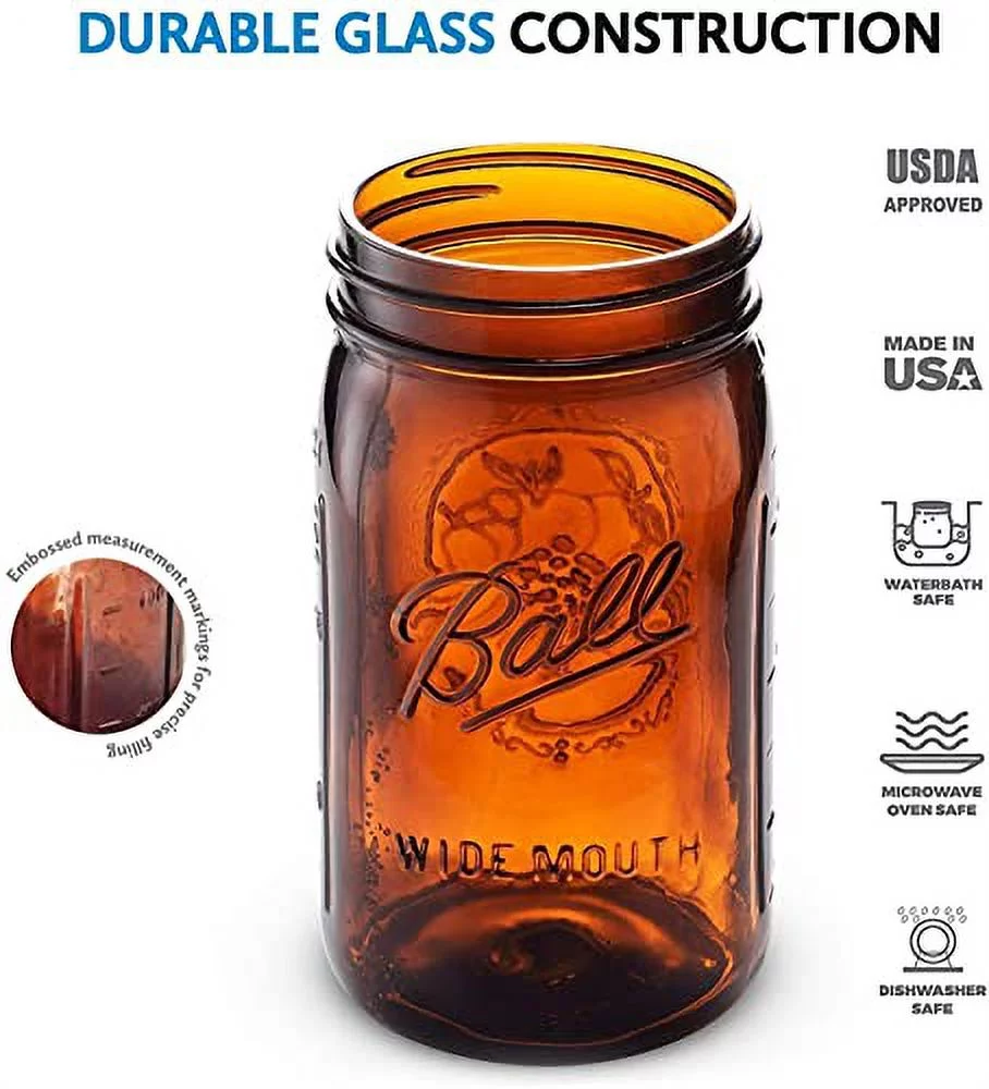Ball Amber Glass Wide Mouth Mason Jars (32 oz/ Quart ) 12 Pack. With Airtight lids and Bands - Amber Canning Jar - UV light Protection - Microwave & Dishwasher Safe.