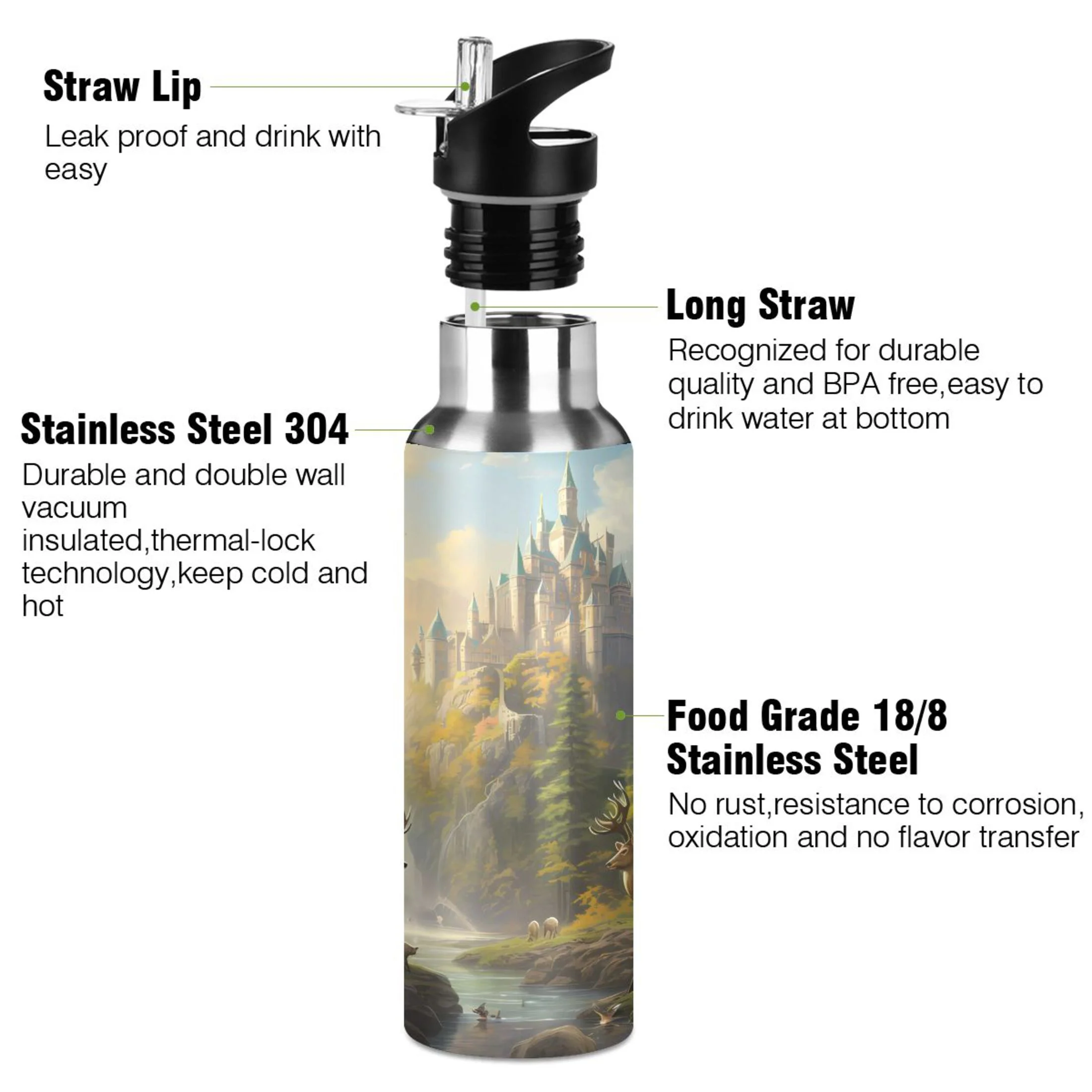 Water Bottle with Straw Lid Leak Deers in Magic Landscape Stainless Steel Insulated Thermos Vacuum Flask for Cold Hot Drinking for Sports Camping Gym Yoga