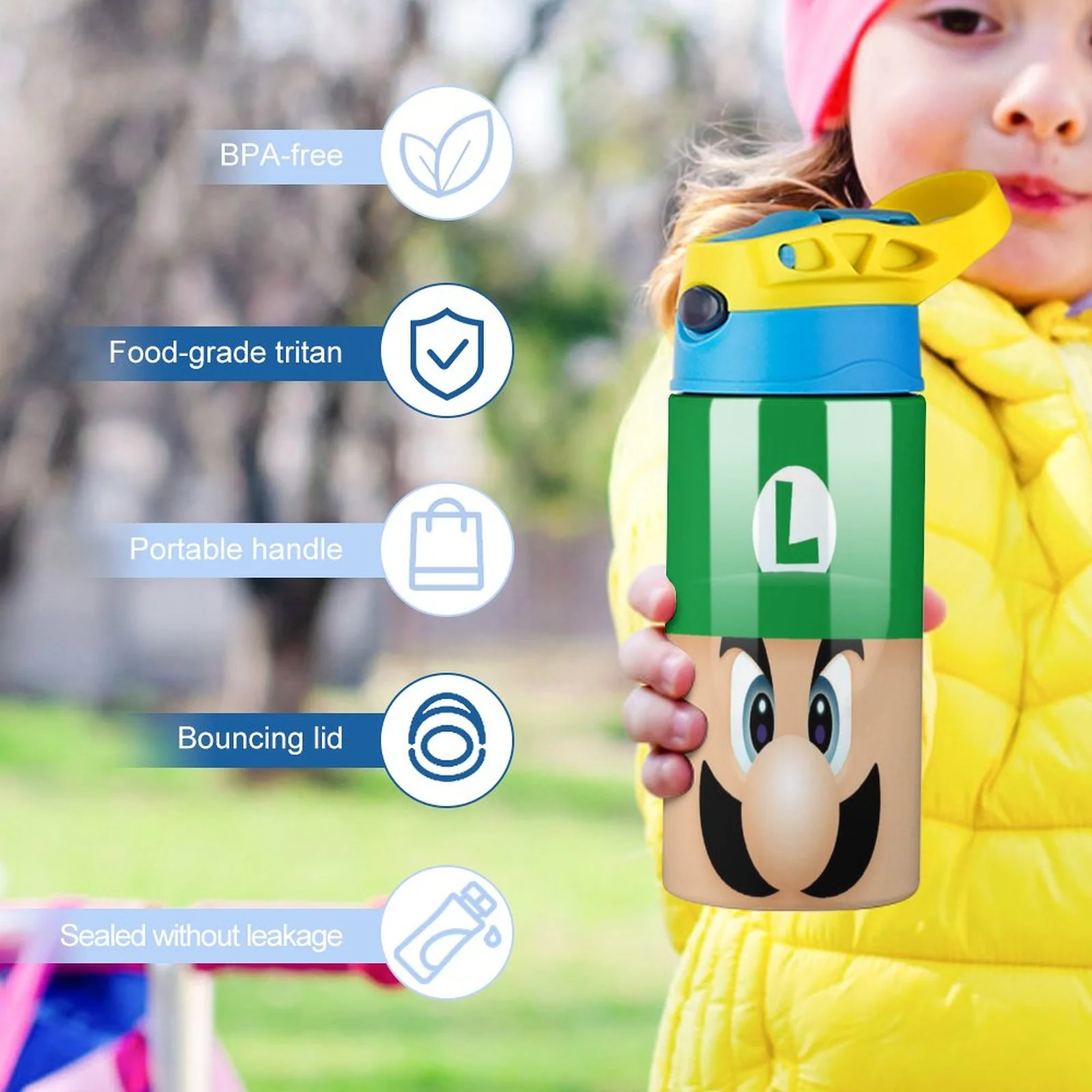 Face Luigi's Mansion Kid's Insulated Water Bottle With Straw Vacuum Stainless Steel Cup Leak-Proof Children Toddler Thermoses