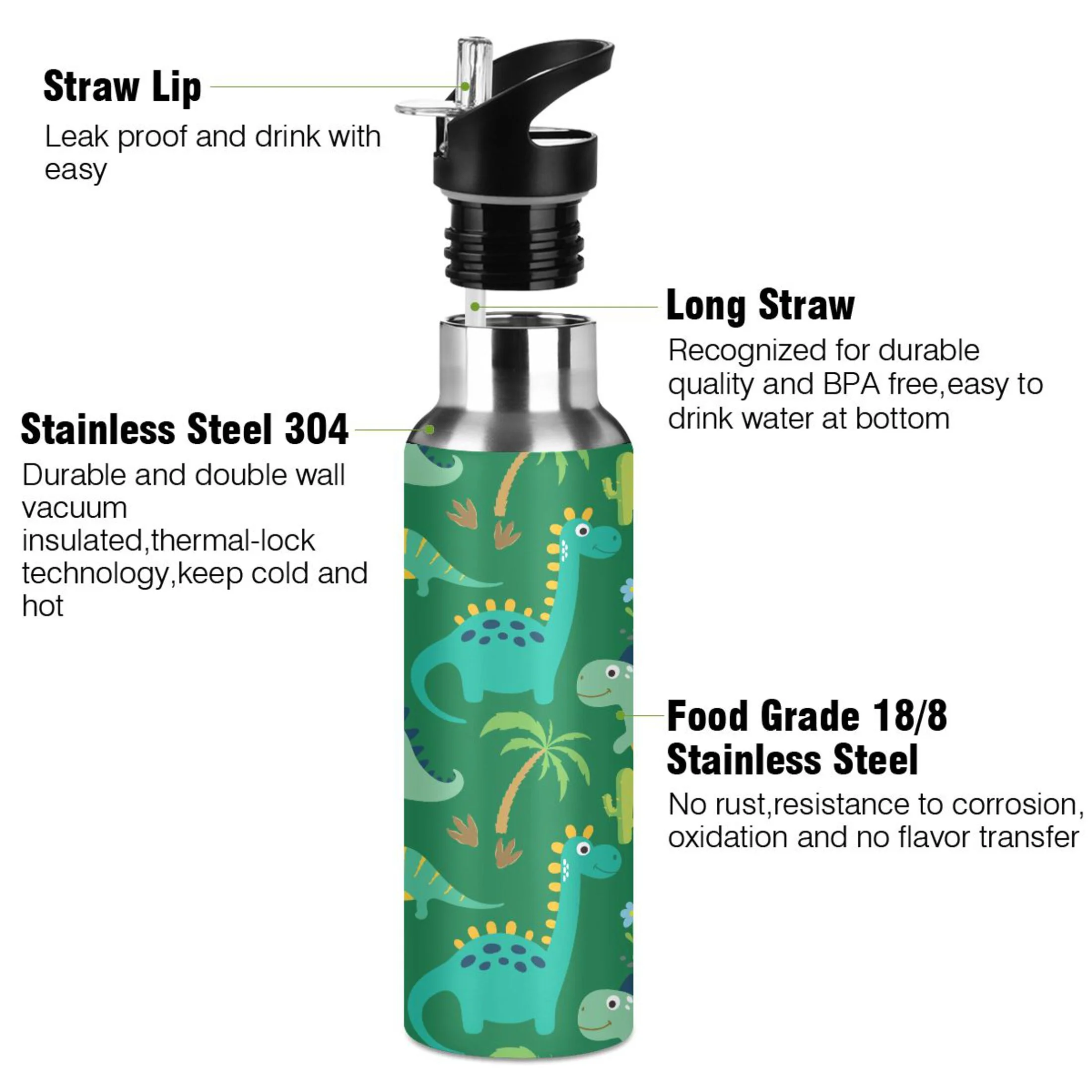 Stainless Steel Water Bottle Cute Dinosaur with Straw Lid Vacuum Insulated Keeps Hot and Cold Leak Proof Flask Jug for Gym Travel Sports Cycling Outdoor 20 OZ