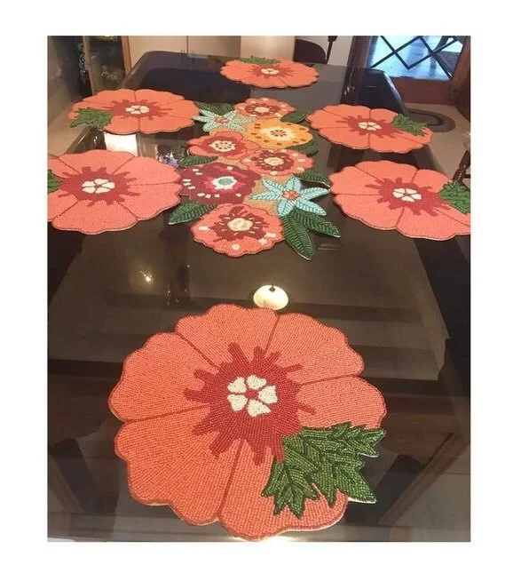 Set Of 13 Pieces Beaded Floral Table Runner, Placemats And Coaster, Multicolor Designer Autumn Tableware