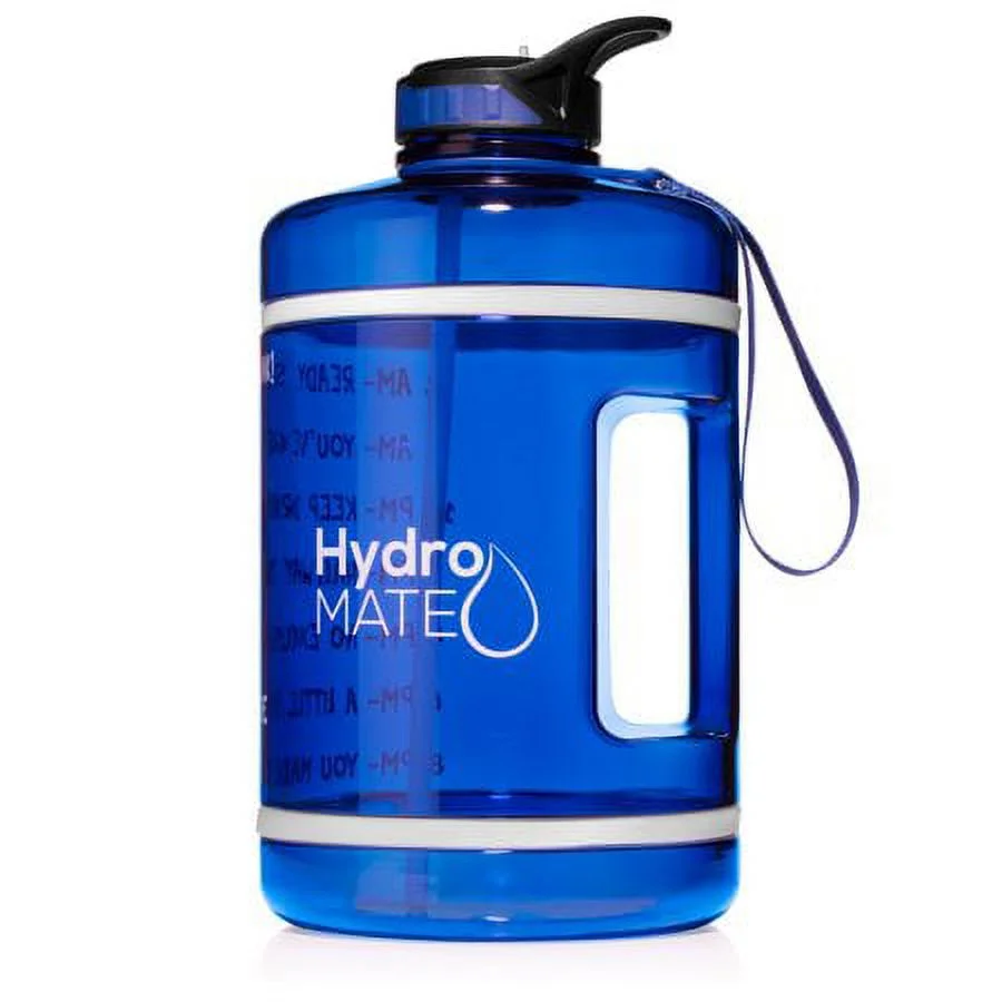 HydroMATE Gallon (128oz) Straw Motivational Water Bottle with Time Marker Large BPA Free Jug with Handle Reusable Bottle Time Marked to Drink More Water Daily Fitness Workout Sports (Blue)