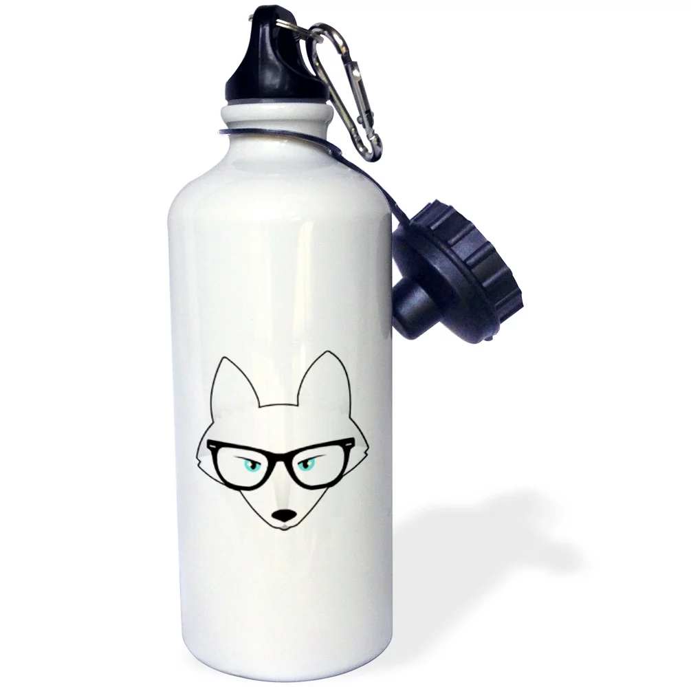 3dRose Cute Hipster Arctic Fox with Glasses, Sports Water Bottle, 21oz