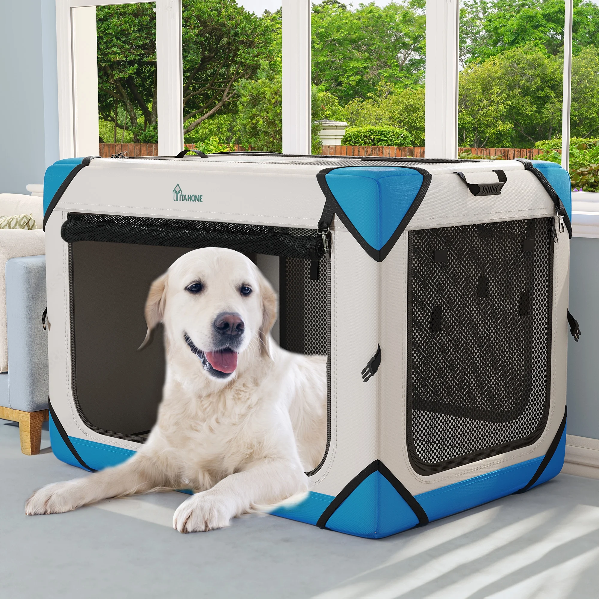 Dextrus Portable Dog Travel Crate, Collapsible Dog Crate with 4 Doors and Sturdy Mesh Windows, Soft Dog Kennel for Indoor and Outdoor Use(42