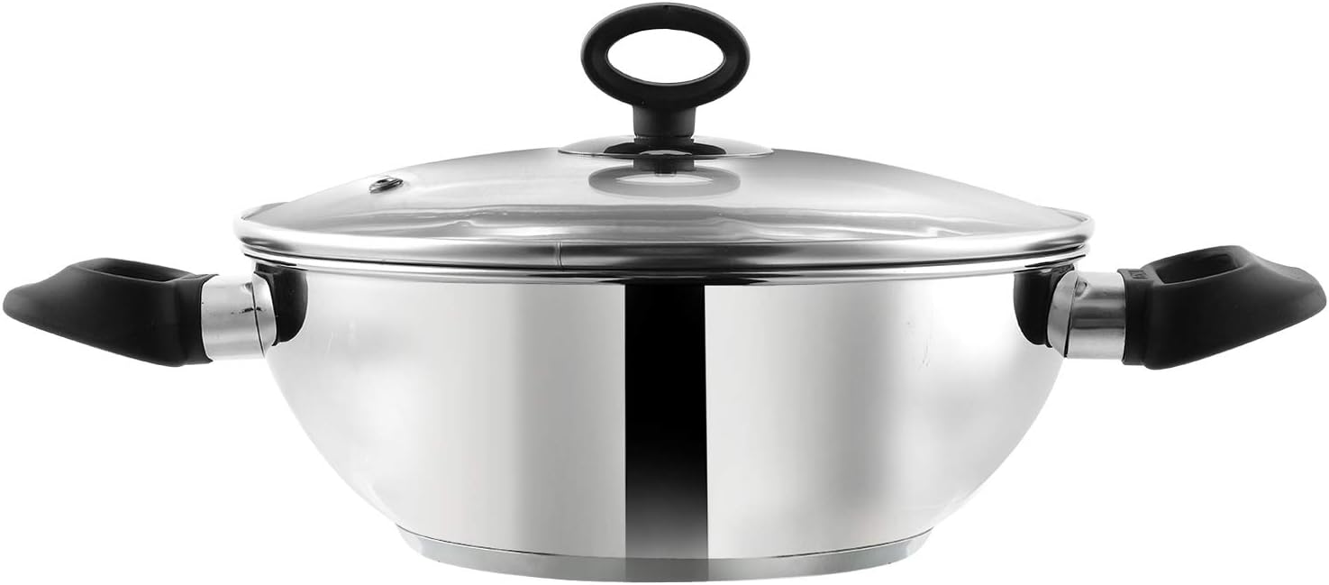 Vinod Stainless Steel Kadai | Deluxe Wok | Glass Lid | Induction Friendly | Sandwich Bottom | 24cm Capacity | 2.8 Liters (2.96 Quarts) | Multi-Use Pot | Suitable For Indian Cooking, Gravy, Stews