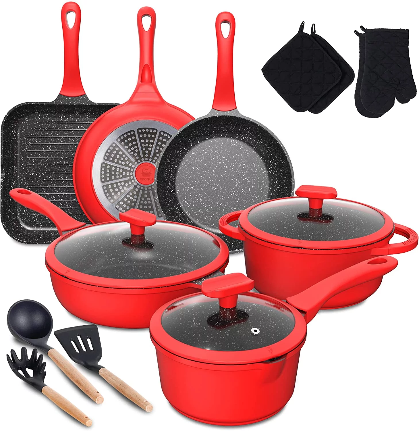imarku | 16-Piece Aluminum Cookware Sets Pots and Pans Set  Nonstick Granite Coating - Red