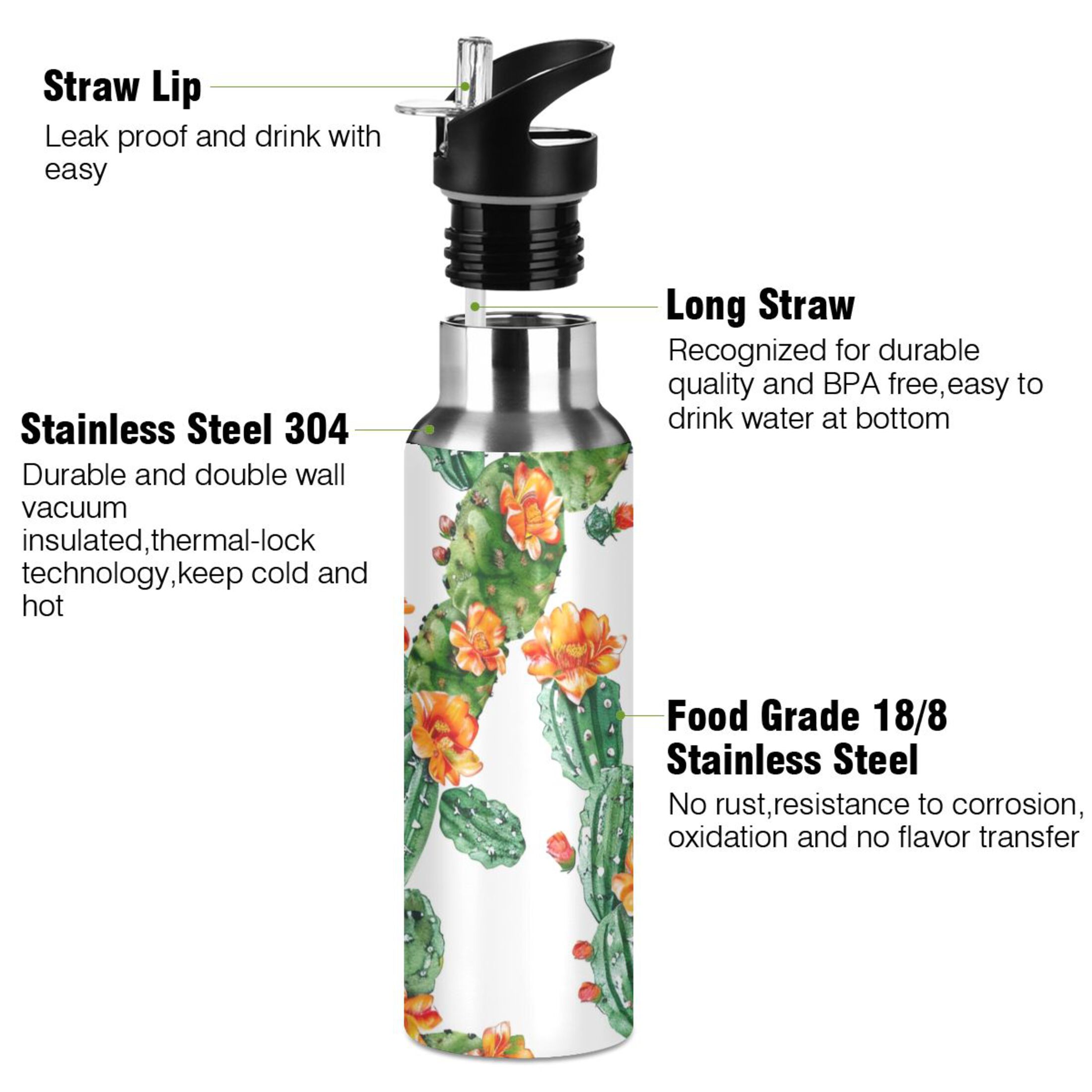 Cactus with Flower Water Bottles Insulated Thermos Kids Stainless Steel Bottle with Straw Lid Flask Leakproof for Sports Gym 20 oz