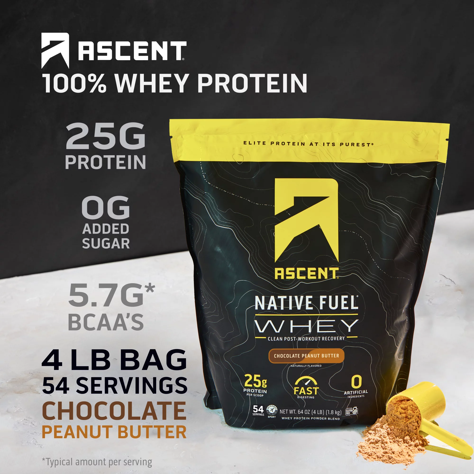 Ascent Native Fuel Whey Protein Powder, Chocolate Peanut Butter, 4 lbs