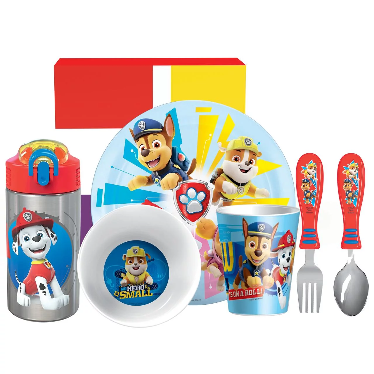 Zak Designs 6 pcs PAW Patrol Kids Dinnerware Set Melamine Stainless Steel Plate Bowl Tumbler Flatware Water Bottle, Marshall, Skye and Friends