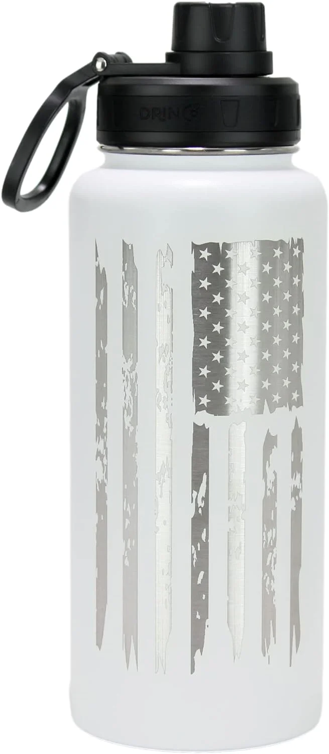 DRINCO Water Bottle Vacuum Insulated Stainless Steel Double Wall-USA Flag-32oz Artic White