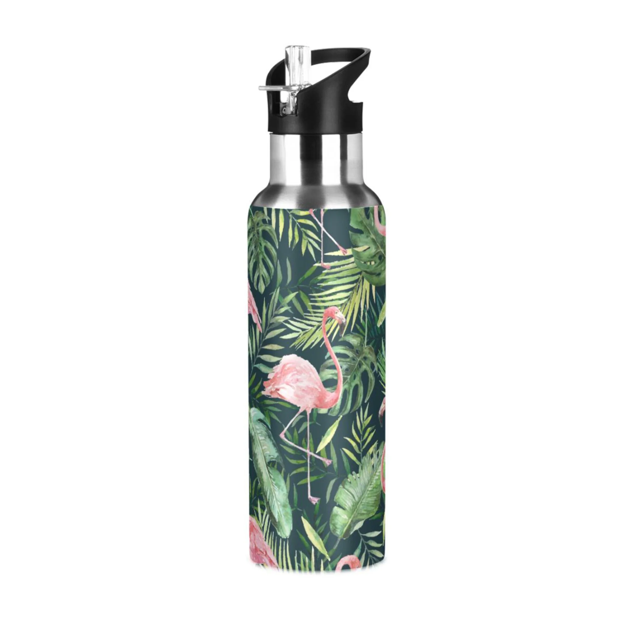 Water Bottle with Straw Lid Leak Green Palm Leaves and Flamingo Stainless Steel Insulated Thermos Vacuum Flask for Cold Hot Drinking for Sports Camping Gym Yoga