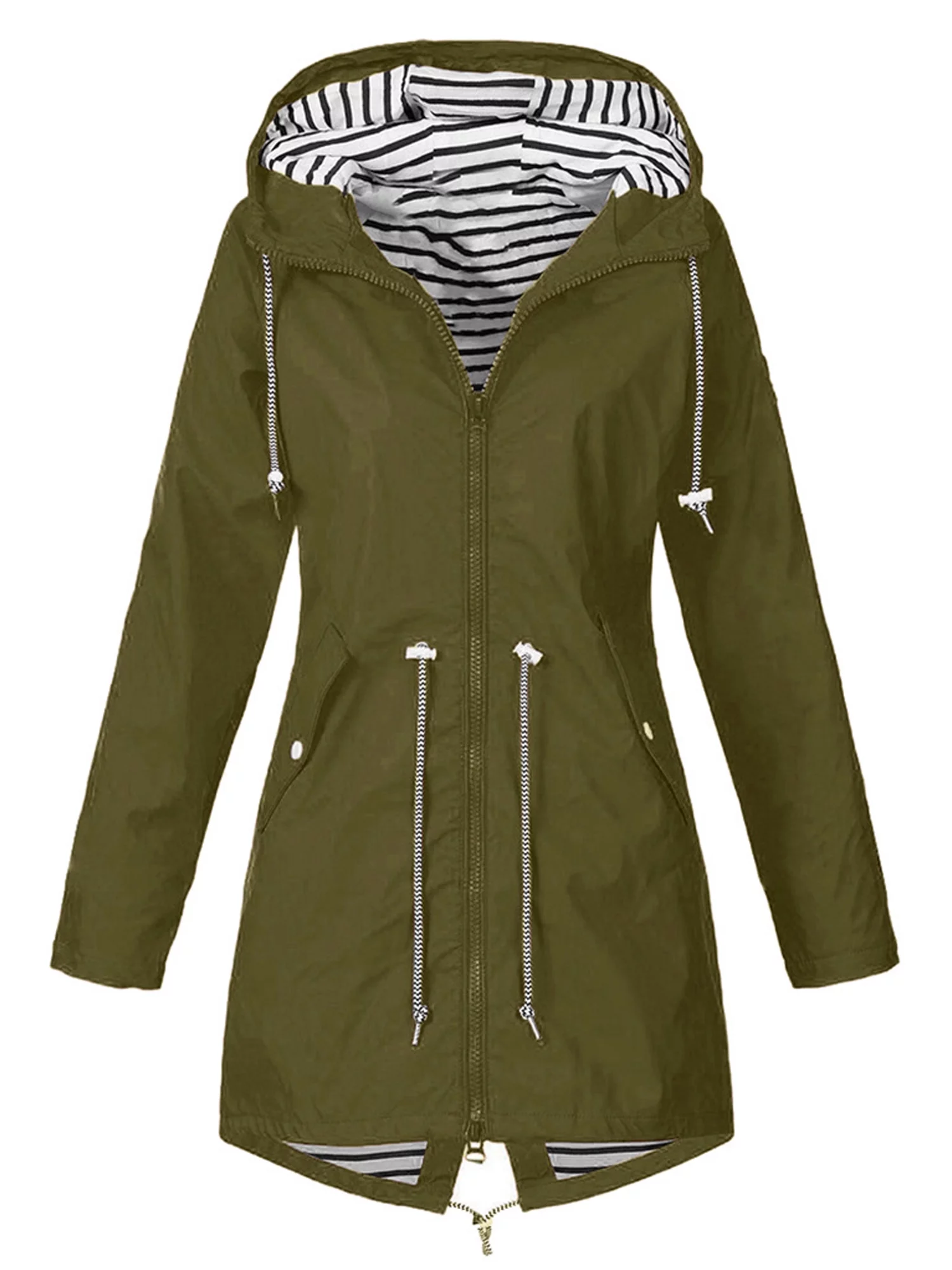 Sunisery Women Coat Hooded Raincoat Windproof Warm Drawstring Zipper Long Windbreaker