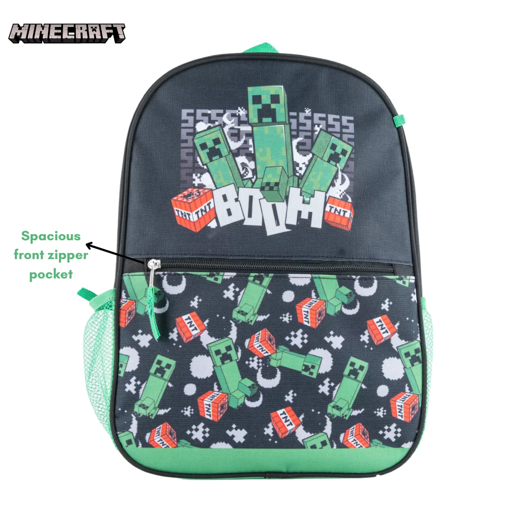 Minecraft Kids Backpack with Lunch Bag Water Bottle and Pencil Pouch 5 Pc 16 inch Black
