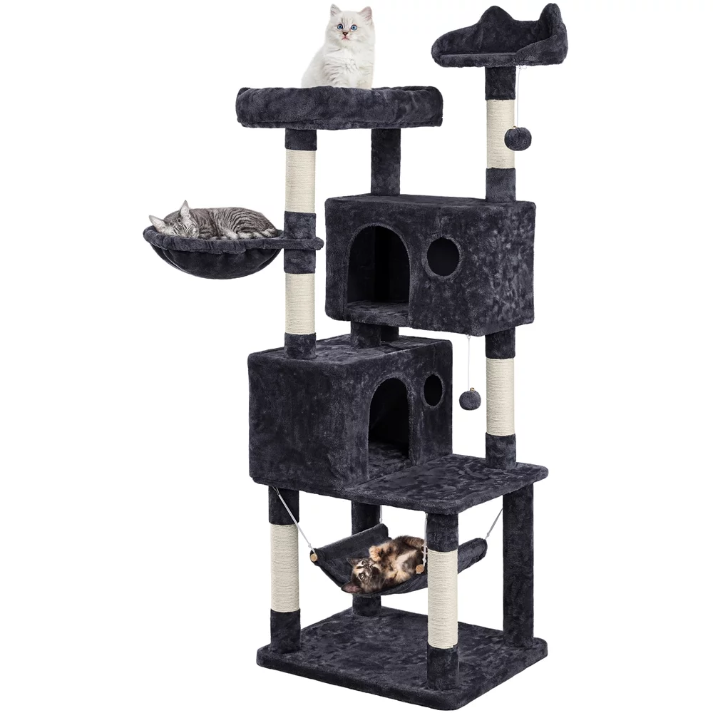 Topeakmart 64.5in Multi-level Large Cat Tree Condo Tower with Hammock Scratching Posts & Hammock, Black
