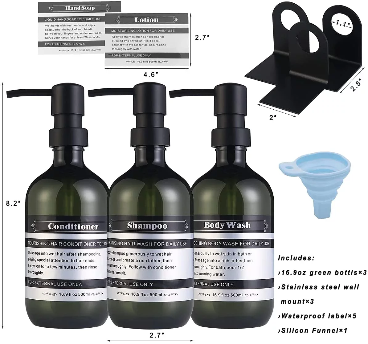 Dispenser Bottle for Bathroom Kitchen Refillable for Shampoo Conditioner Hand Dish Soap Lotion Oil Shower Sanitizer Soap Bottles with Pump, 17oz, 500ml, 3 Pack (Olive, with Wall Mount)