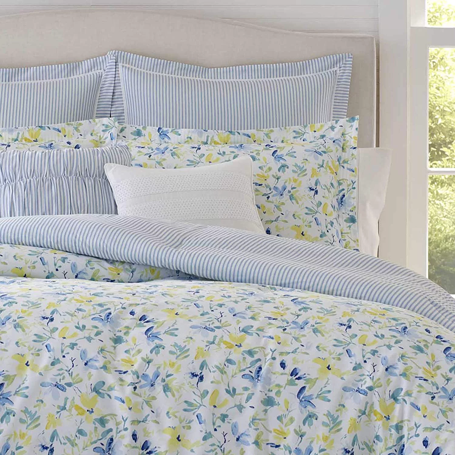 Laura Ashley Comforter Set Reversible Cotton Bedding, Includes Matching Shams with Bonus Euro Shams & Throw Pillows, King, Nora Blue/Yellow/Green/White King Nora Blue/Yellow/Green/White