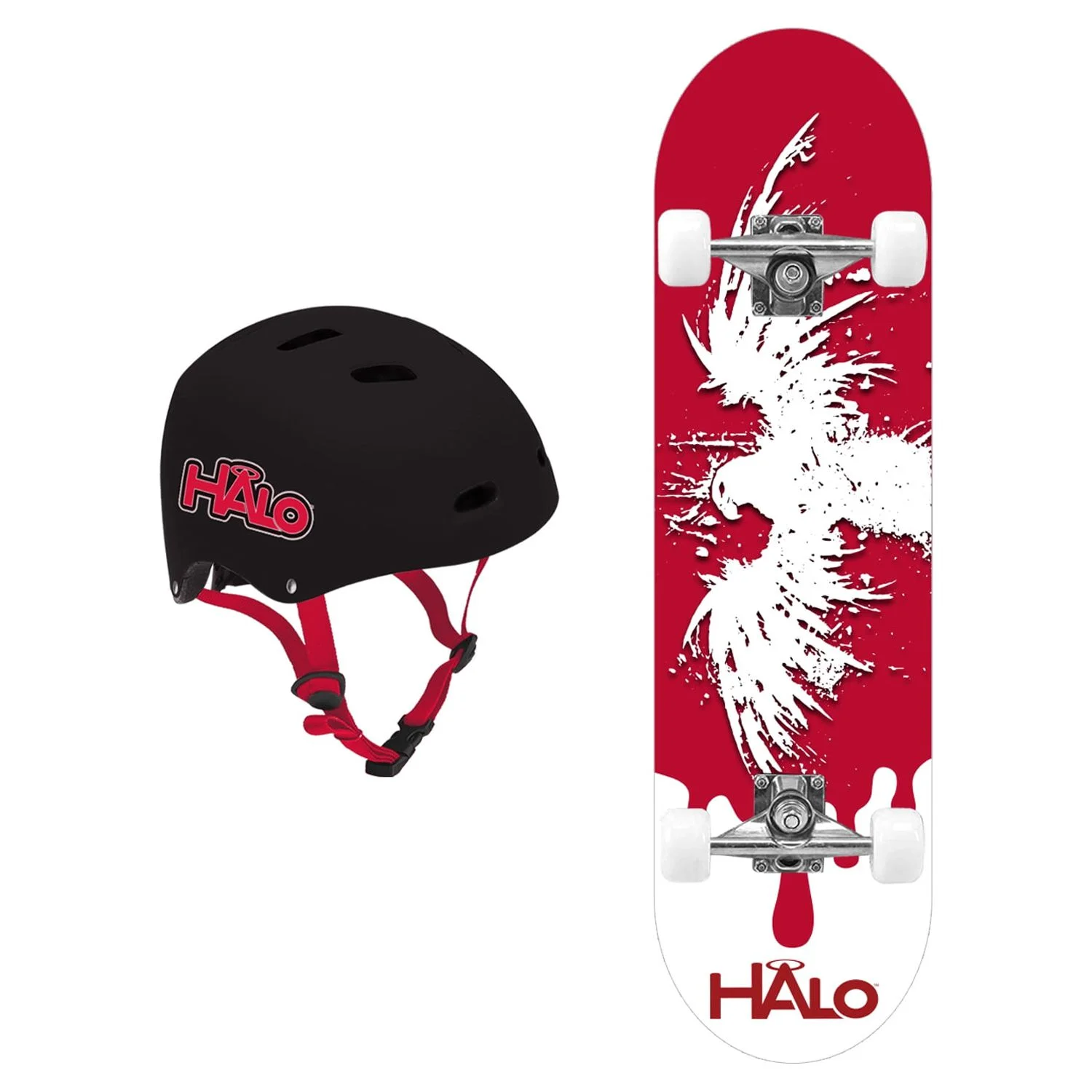 Halo Rise Above Skateboard Combo - Red Patriot - 1 Skateboard with Double Kick Tail Deck and 60mm Wheels + 1 Skateboard Helmet with Black Shell and Size Adjusting Ring inside - Unisex