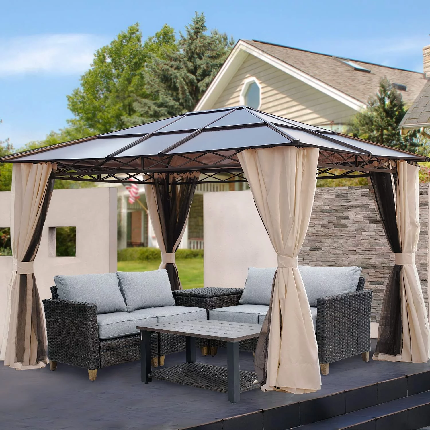 10x12 Hardtop Gazebo with UV 50+ Canopy, Mosquito Netting & Curtains, Outdoor Shelter