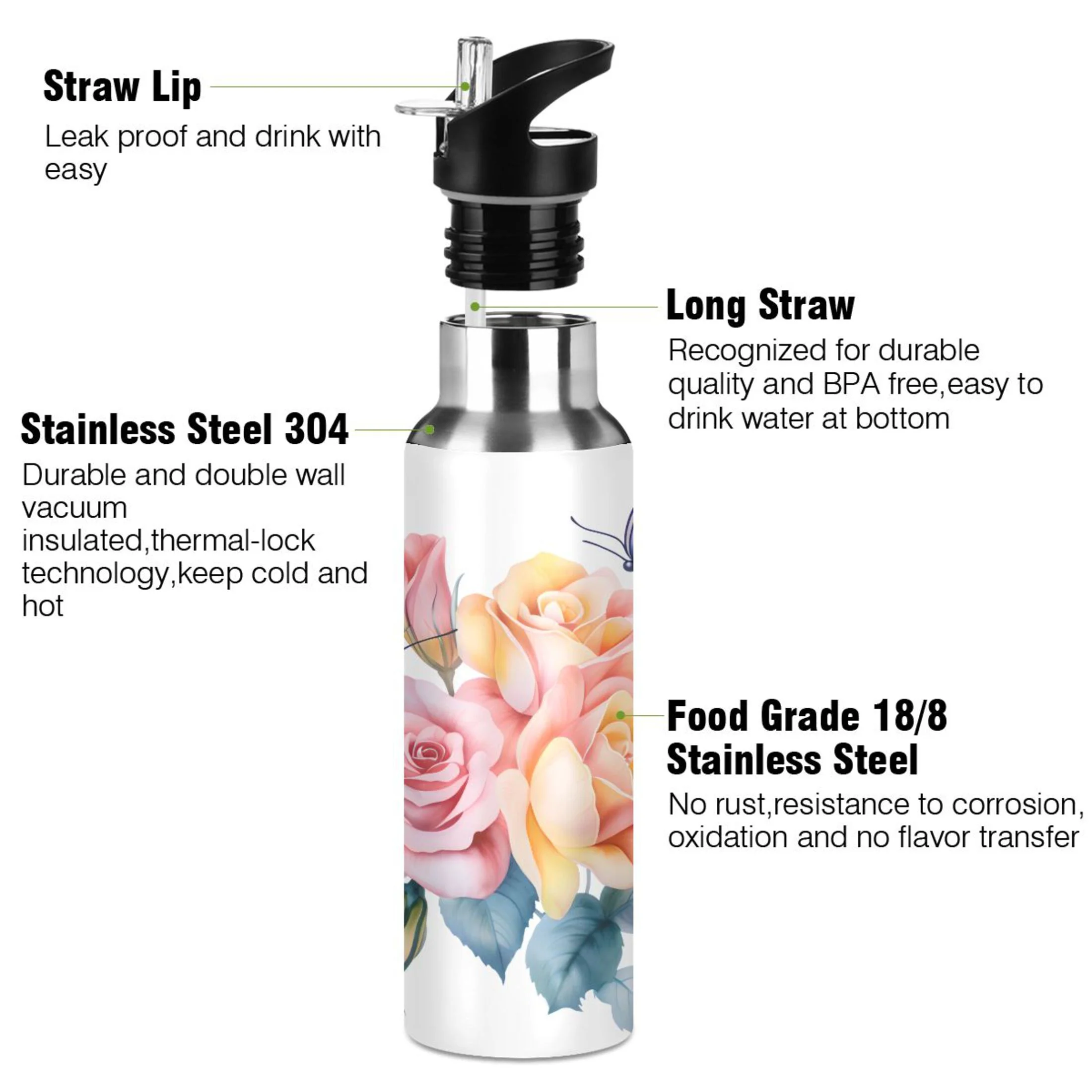 Water Bottle with Straw Lid Leak Butterflies and Rose Flowers Stainless Steel Insulated Thermos Vacuum Flask for Cold Hot Drinking for Sports Camping Gym Yoga