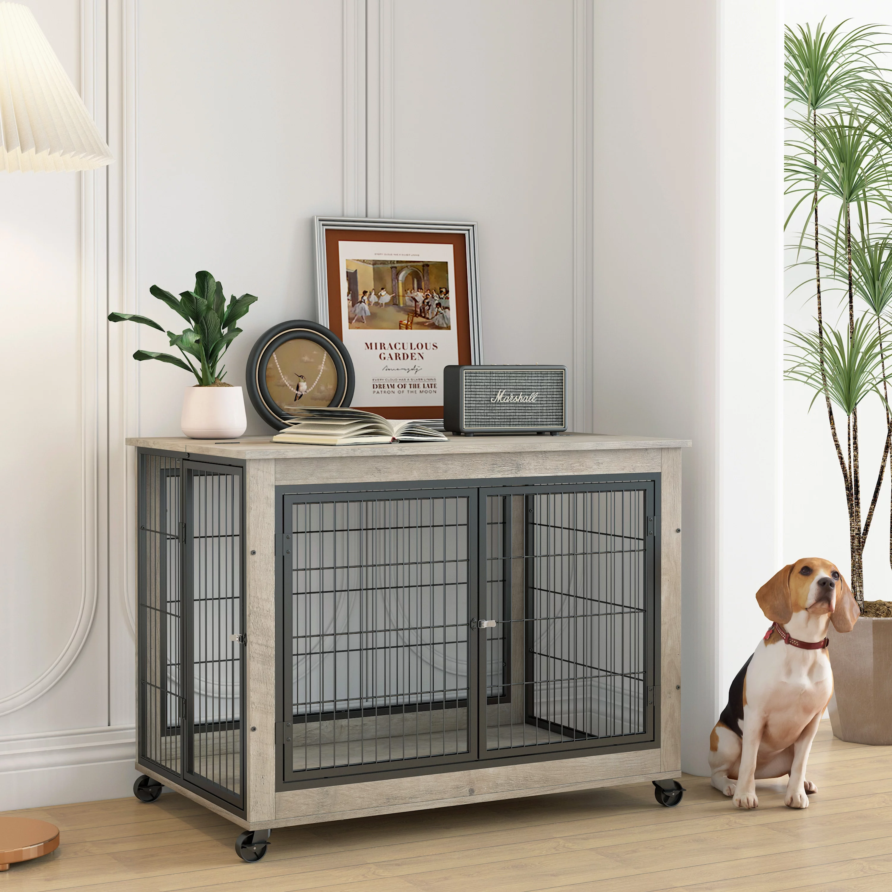 Syngar Dog Crate on Wheels, Wooden Dog Cage with Lockable Double Doors and Lift Top, Modern Home 2-in-1 Dog House End Table Furniture, Dog House for Small/Medium Sized Dogs, Gray, 38.58