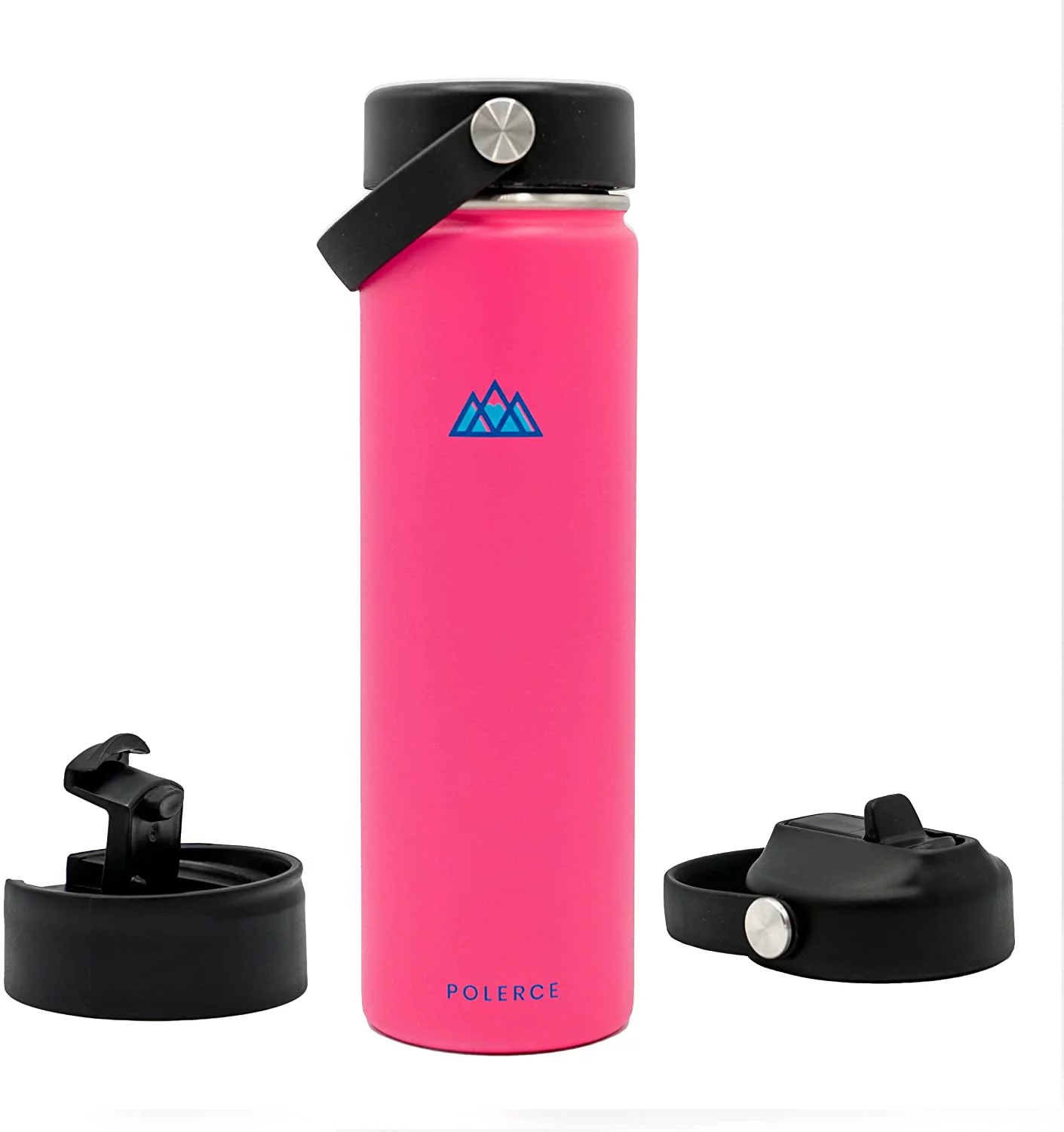 Vacuum Insulated Bottle with 3 Lids - Stainless Steel Thermally Insulated Flask - 21 Fl Oz - Pink - by Polerce