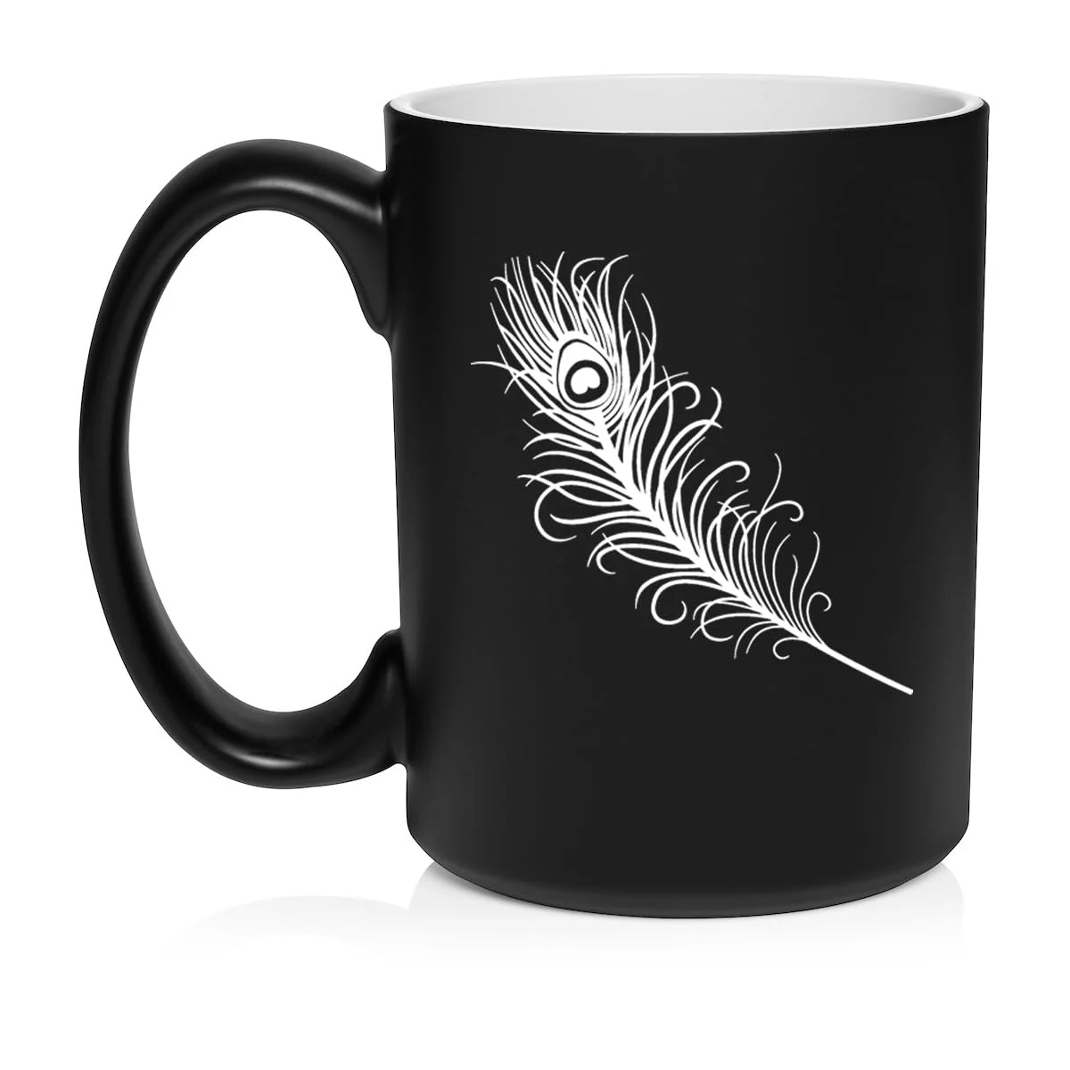 Peacock Feather Ceramic Coffee Mug Tea Cup Gift for Her, Him, Friend, Coworker, Wife, Husband (15oz Matte Black)