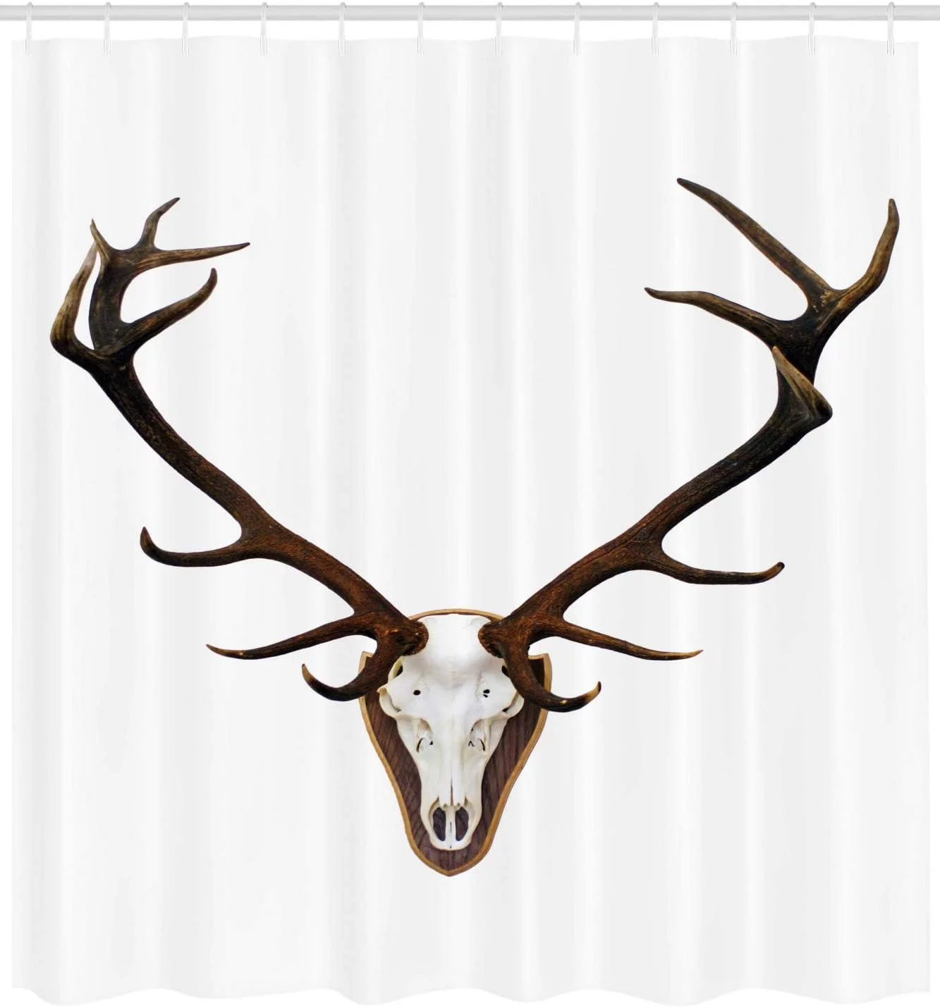 JOOCAR Antlers Shower Curtain, Antlers of a Huge Stag Bones Mounted on a Wooden Plate Prize Skull Print, Cloth Fabric Bathroom Decor Set with Hooks, 72x72, Brown and Pale Grey