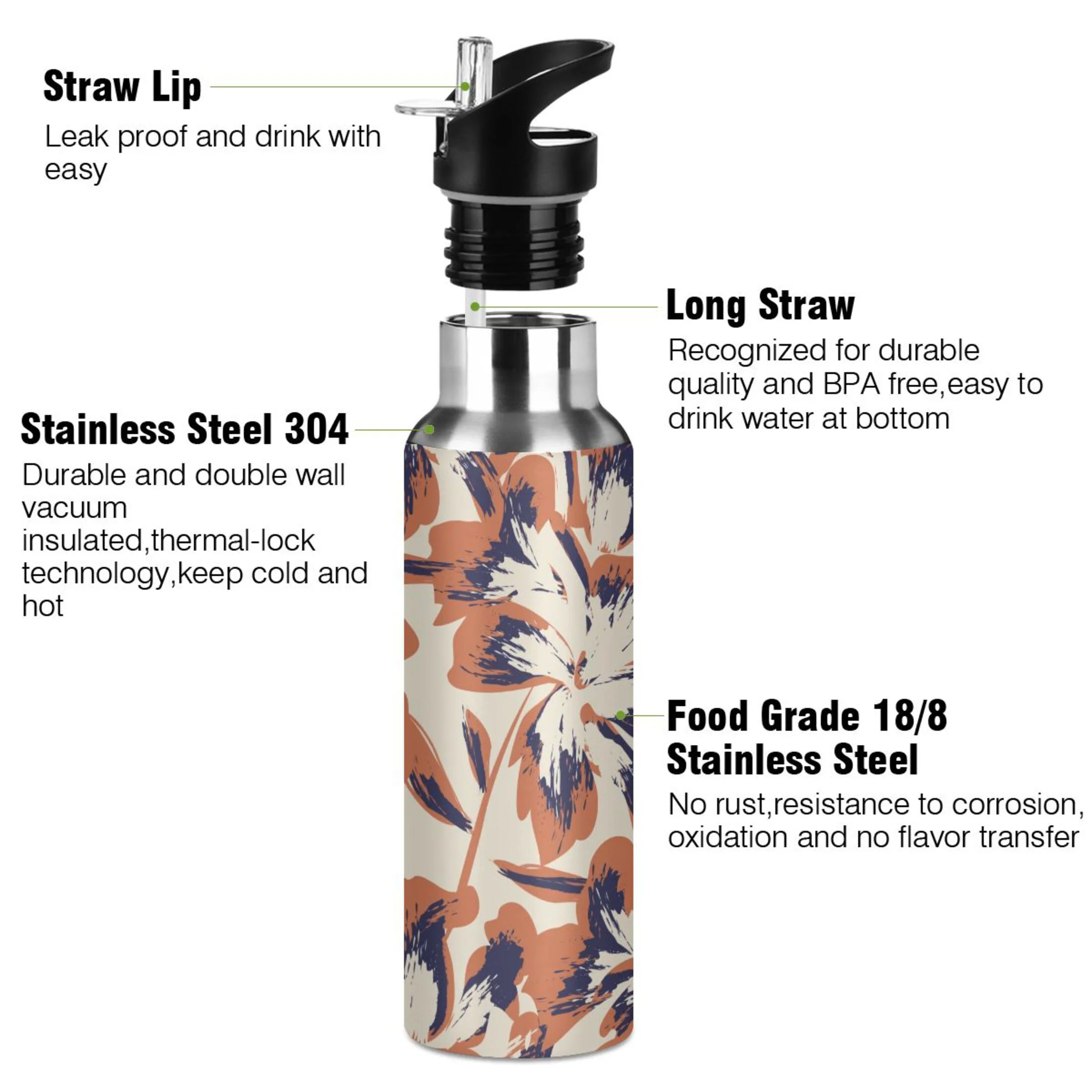 Water Bottle with Straw Lid Leak Floral Orange Flowers Stainless Steel Insulated Thermos Vacuum Flask for Cold Hot Drinking for Sports Camping Gym Yoga