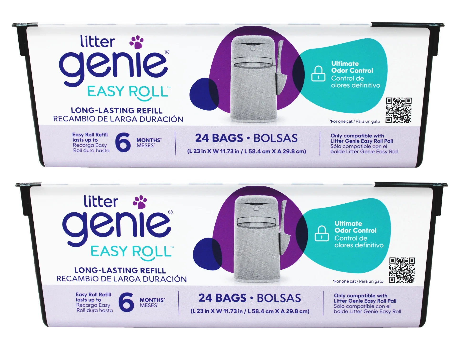Litter Genie Easy Roll Refill, Cat Litter Disposal System, Ultimate Odor Control, 24 bags, 6 month, - 2 Pack