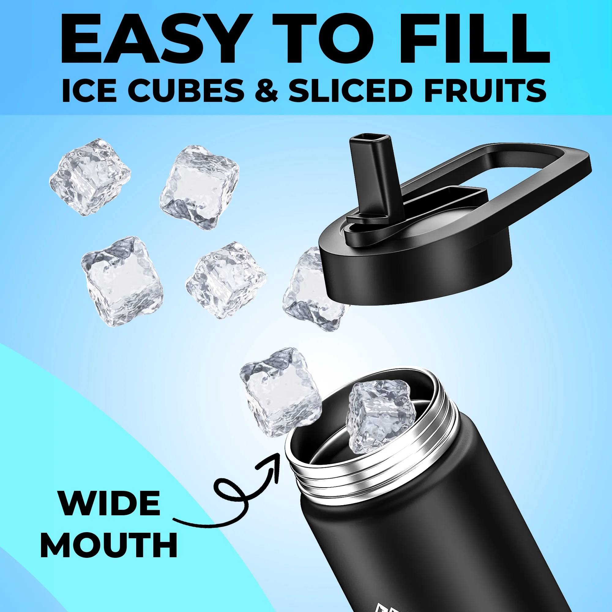 Insulated Water and Beverage Bottle with Straw and Flip Top Lid, Fits Cup Holder, Double Walled Stainless Steel Vacuum Sealed, Leak and Sweat Proof Stainless Steel 24oz