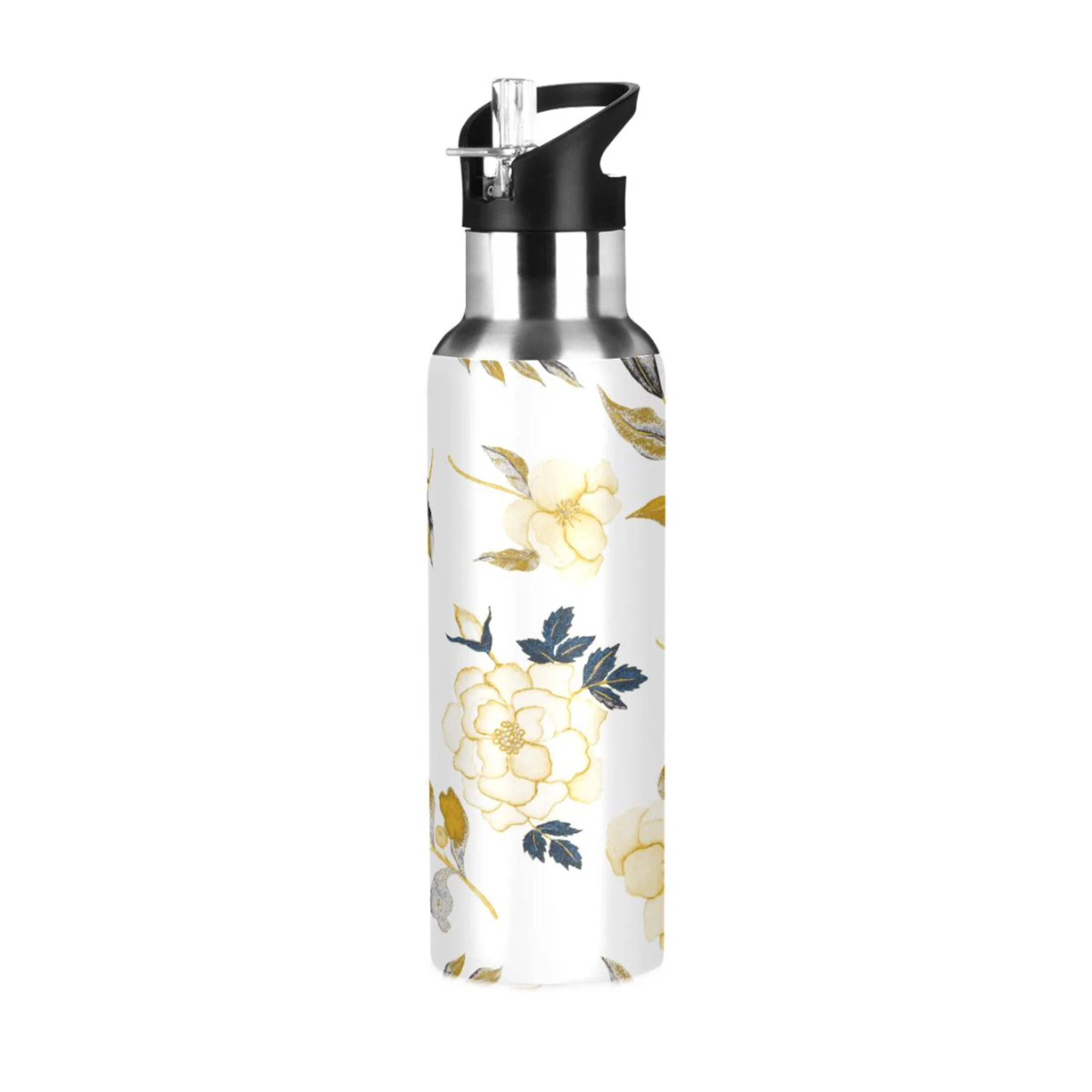 Water Bottle with Straw Lid Leak Yellow Flowers Golden Stainless Steel Insulated Thermos Vacuum Flask for Cold Hot Drinking for Sports Camping Gym Yoga