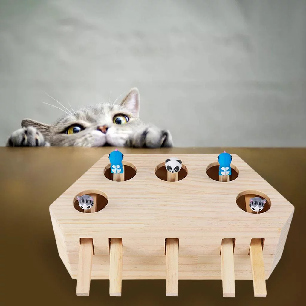 Wooden Cat Toy Box, Kitten Toy Puzzle Box with Cartoon Animal, Cat Toys - 5 Holes