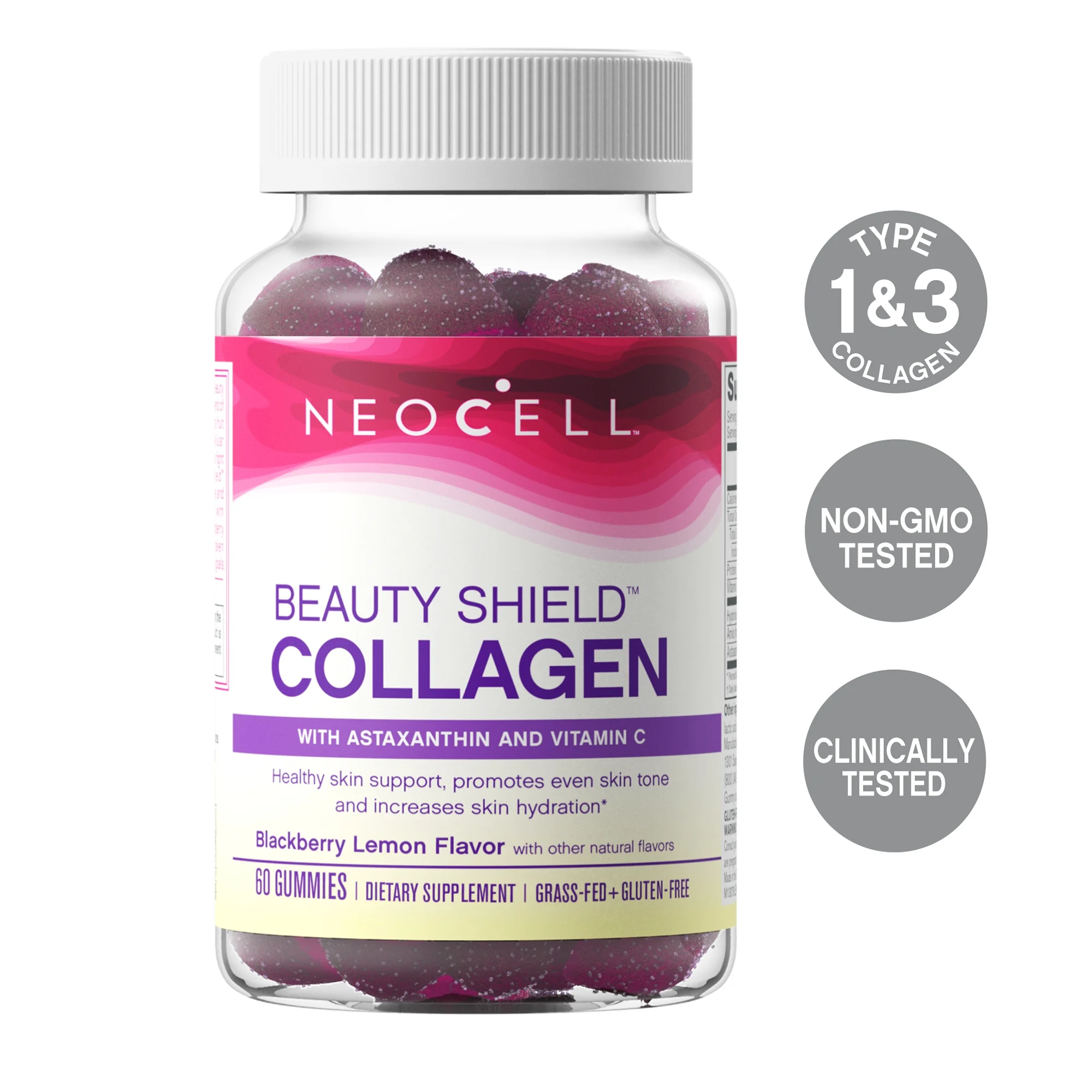 NeoCell Beauty Shield Collagen Dietary Supplement Gummies, Blackberry Lemon, 60 Count