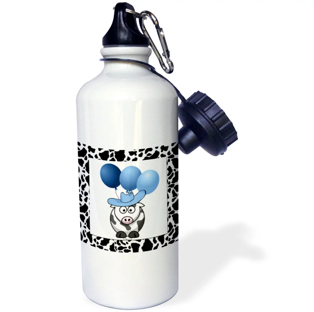 3dRose Western Cow Print with Blue Balloons, Sports Water Bottle, 21oz