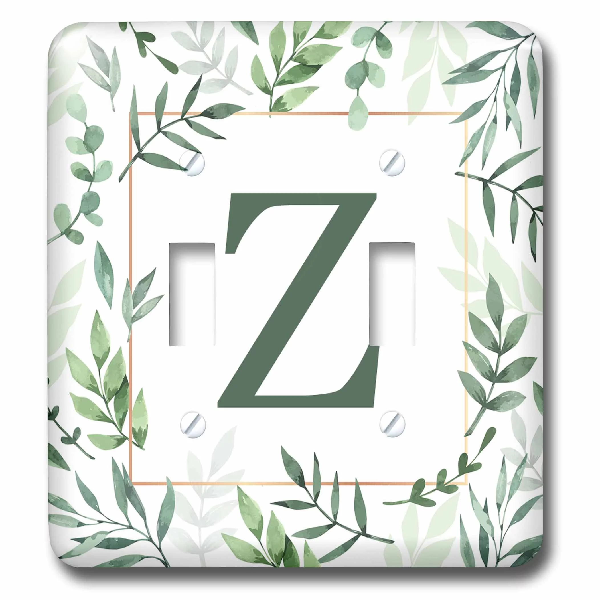 Monogram initial letter Z in green framed in leaves and a gold square. double toggle switch lsp-337434-2