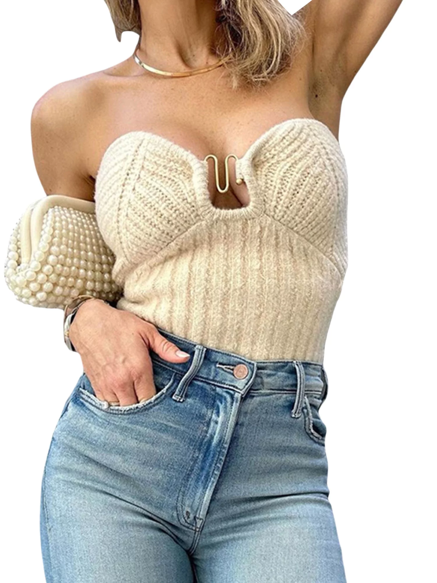 wybzd Women's Strapless Tube Crop Top Sleeveless Off Shoulder Ribbed Knit Slim Fit Cami Crop Tank Top Shirt Apricot M