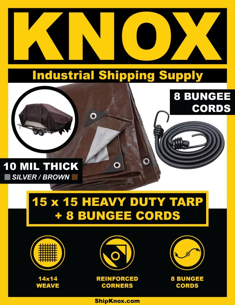 ShipKNOX 10 MIL TARP, 15X15 FT SILVER/BROWN, BUNGEES INCLUDED!