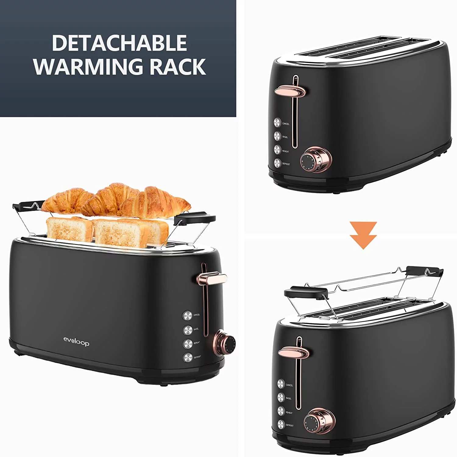 Evoloop Toaster 4 Slice, Stainless Steel Bread Toasters, 6 Bread Shade Settings, Black