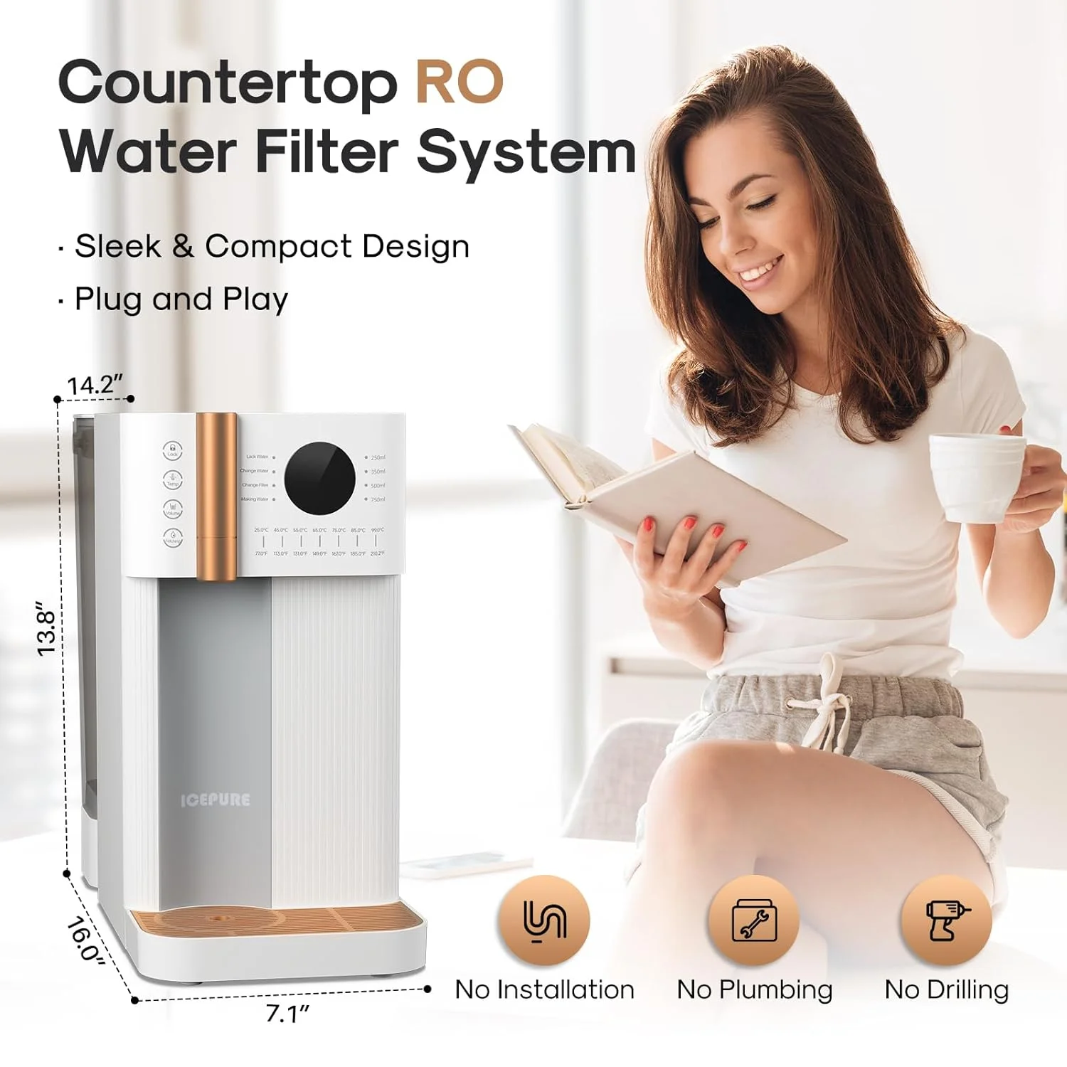 YINCHEN Countertop Reverse Osmosis Water Filtration System NSF/ANSI 58 Certified, 4 Stage Composite Filter, 3: 1 Pure to Drain, Bottleless Water Dispenser, Reduce PFAS PFOA PFOS (No Installation)