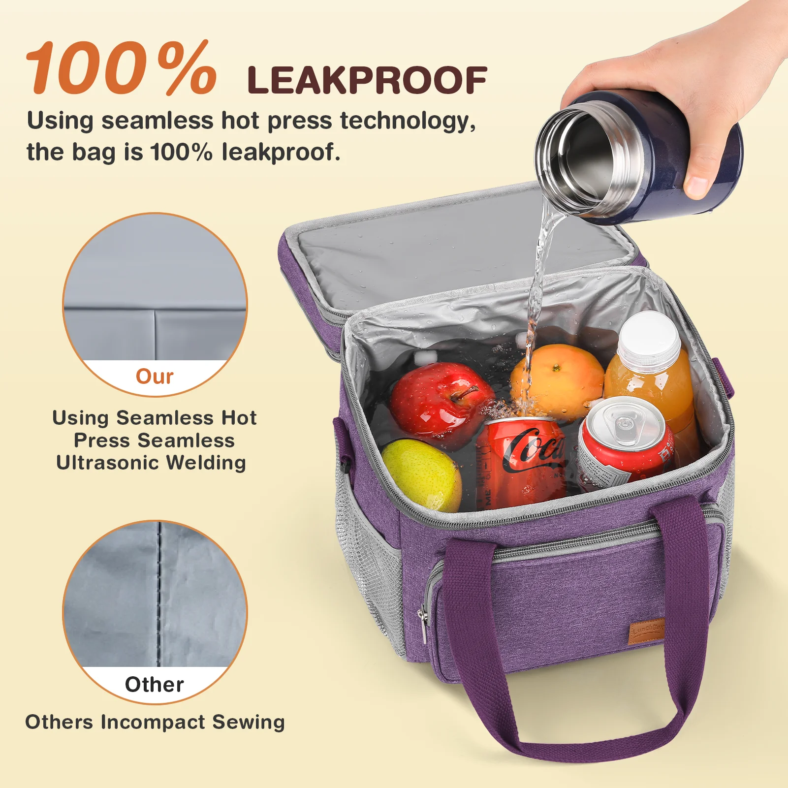 Lunch Bags for Women Men, 17L Reusable Insulated Lunch Bag, Double Deck Lunch Tote Box for Office Work School Picnic Beach, Leakproof Cooler Bag with Adjustable Strap/Side Mesh Pocket, Pink, Purple