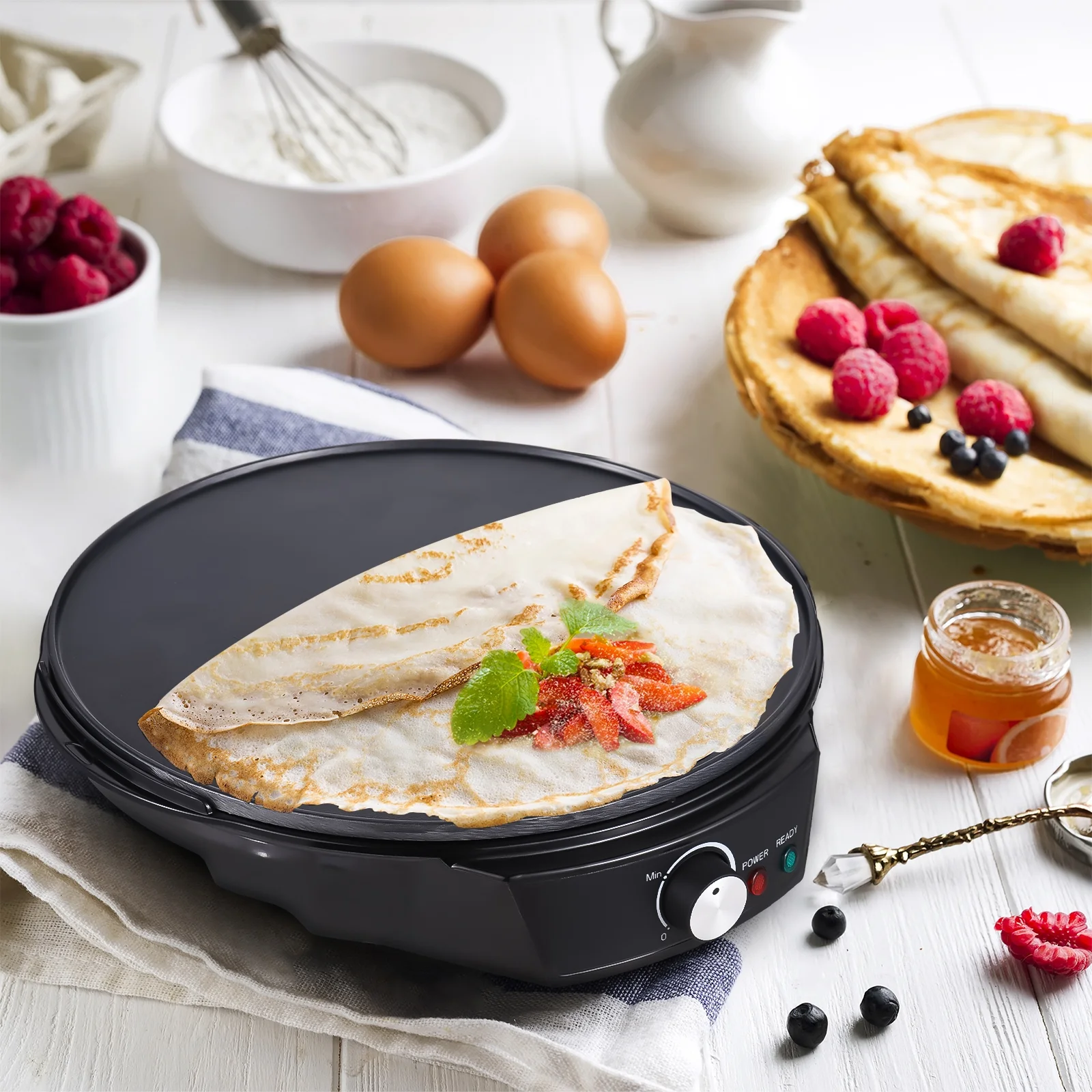 Tomshine Electric Crepe Maker 1200W 50 210°C Non stick Pancake Griddle for Roti Tortilla Blintzes + Wooden Spatula and Batter Spreader Perfect for Breakfast or Brunch!