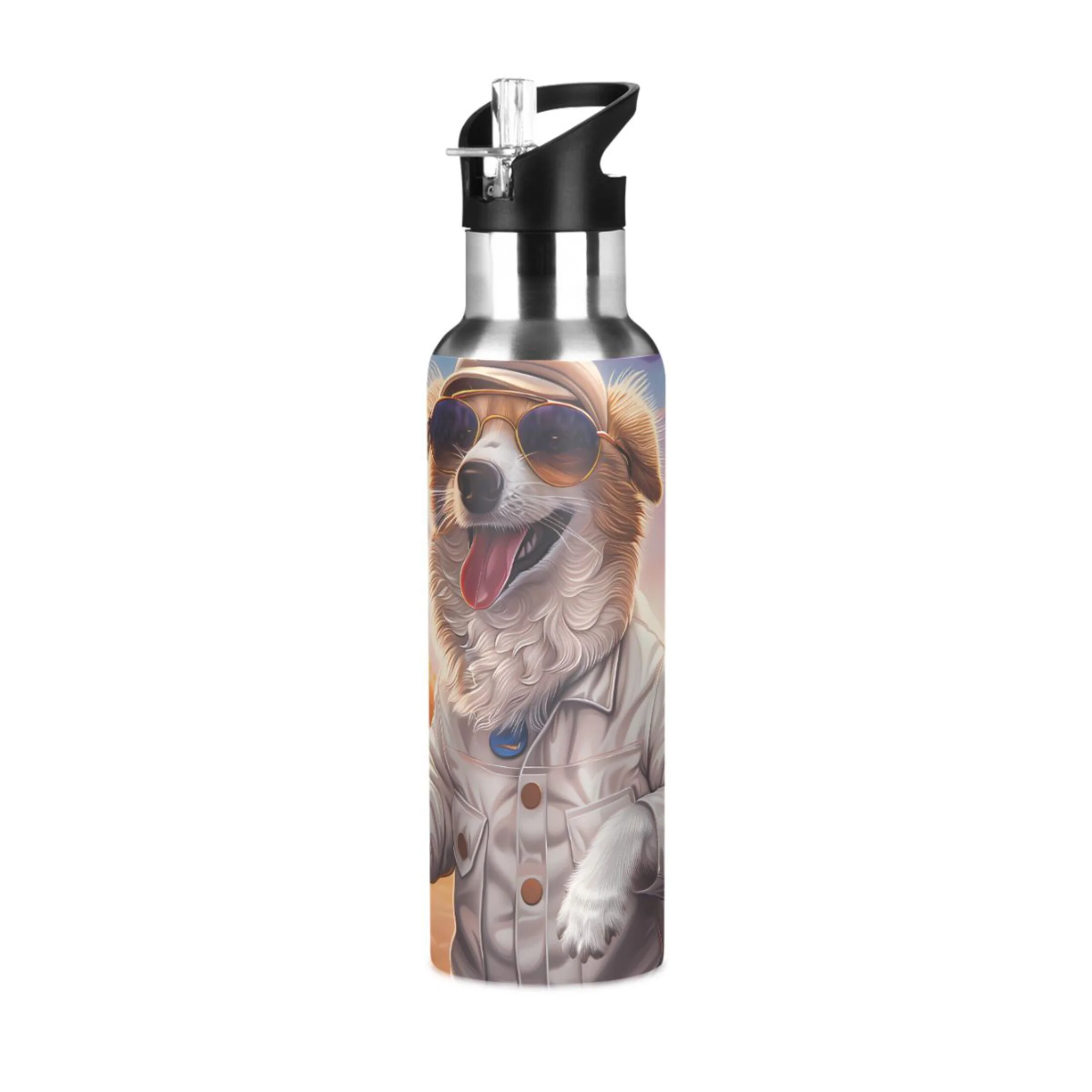 Dog in Wild Flowers Water Bottles Insulated Thermos Kids Stainless Steel Bottle with Straw Lid Flask Leakproof for Sports Gym 20 oz