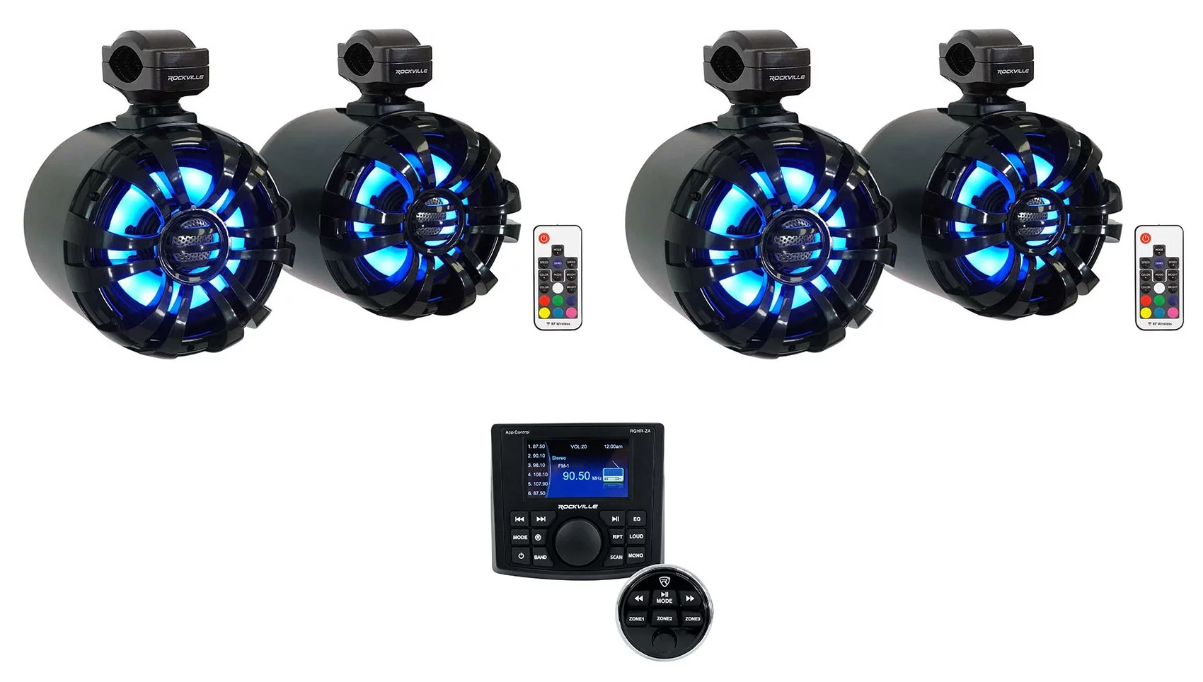 Rockville RGHR-ZA 4 Zone Marine Bluetooth Stereo+Black Wakeboard Speakers w/LEDs