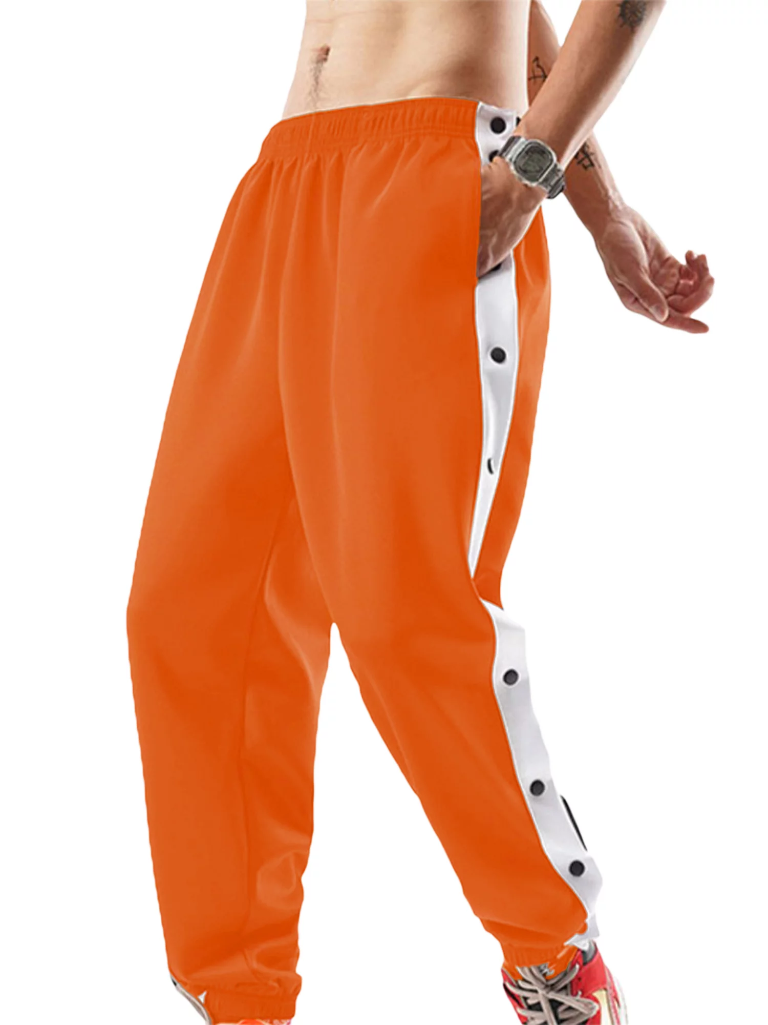 Men's Tear Away Pants, Loose Fit Basketball Pants High Split Snap Button Sweatpants